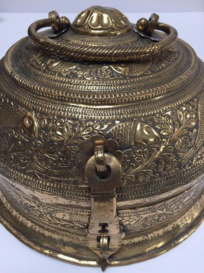 Decorative Large Round Brass Box Caddy 19th C, North India