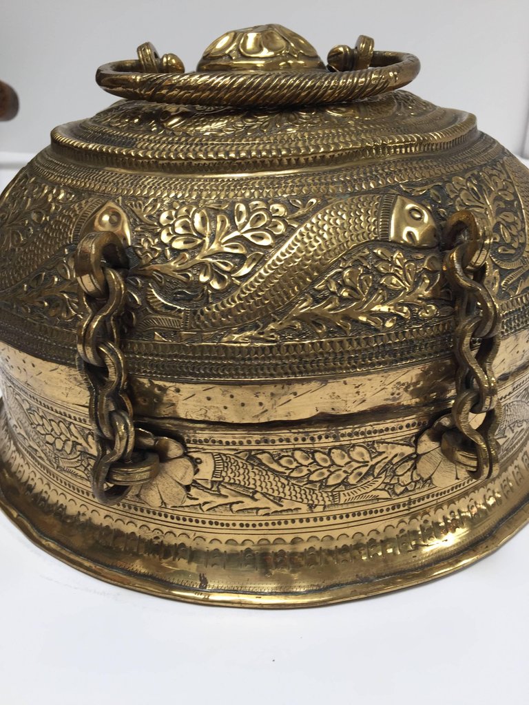 Decorative Large Round Brass Box Caddy 19th C, North India