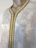 Moroccan Caftan Gown White Embroidered with Gold Trim, circa 1970