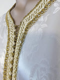 Moroccan Caftan Gown White Embroidered with Gold Trim, circa 1970