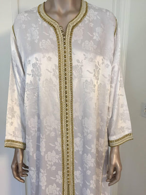 Moroccan Caftan Gown White Embroidered with Gold Trim, circa 1970