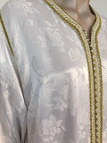 Moroccan Caftan Gown White Embroidered with Gold Trim, circa 1970