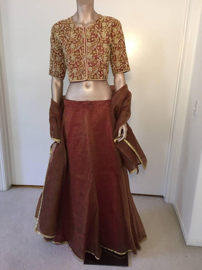 Indian Silk Couture Lehenga Set Beaded Brocade Blouse & Matching Shawl