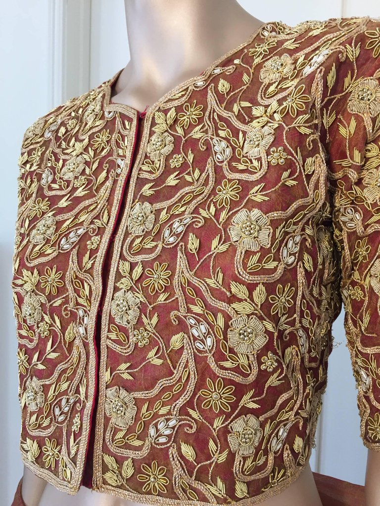 Indian Silk Couture Lehenga Set Beaded Brocade Blouse & Matching Shawl