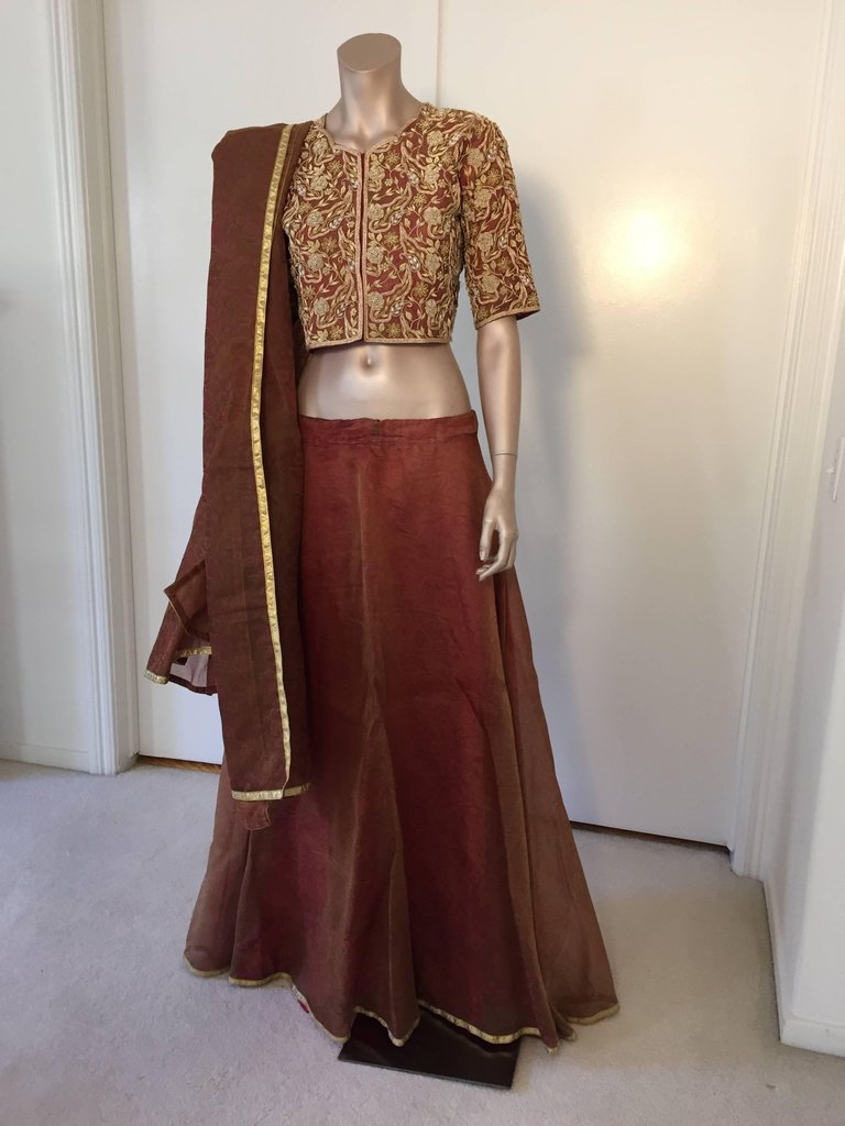 Indian Silk Couture Lehenga Set Beaded Brocade Blouse & Matching Shawl