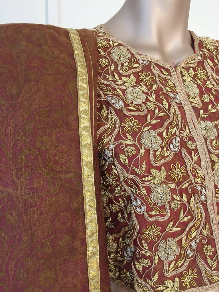 Indian Silk Couture Lehenga Set Beaded Brocade Blouse & Matching Shawl