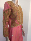 Embroidered Pink and Gold Silk Evening 3 Pieces Gown Vest and Skirt and Shawl