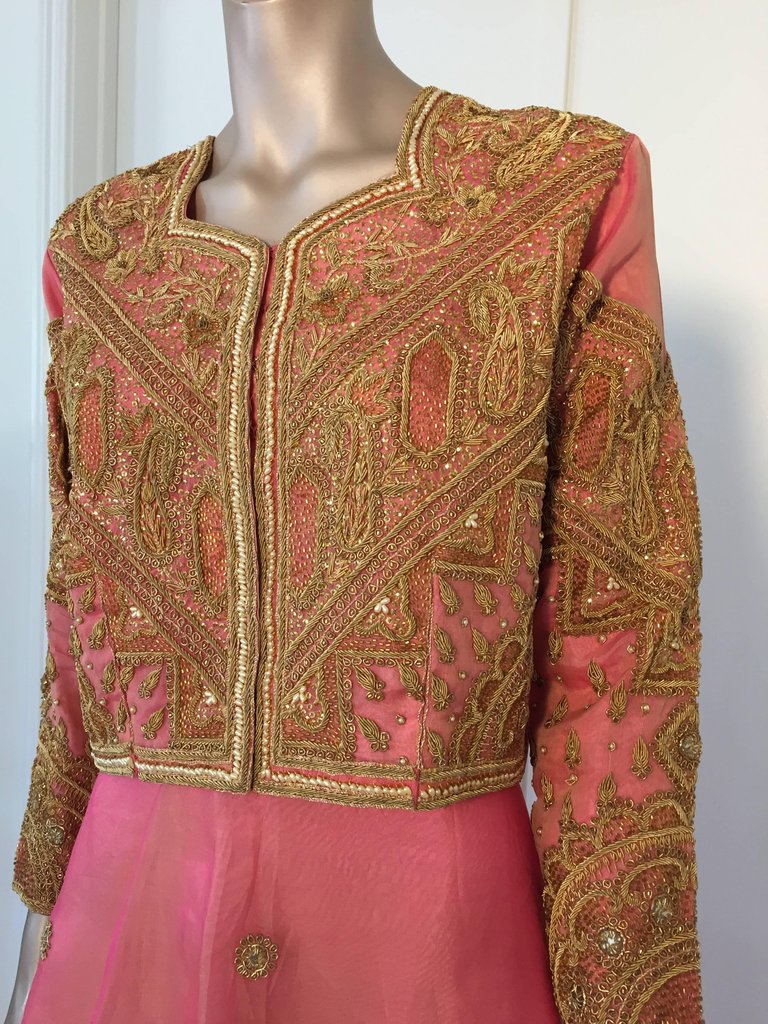 Embroidered Pink and Gold Silk Evening 3 Pieces Gown Vest and Skirt and Shawl