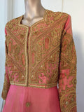 Embroidered Pink and Gold Silk Evening 3 Pieces Gown Vest and Skirt and Shawl