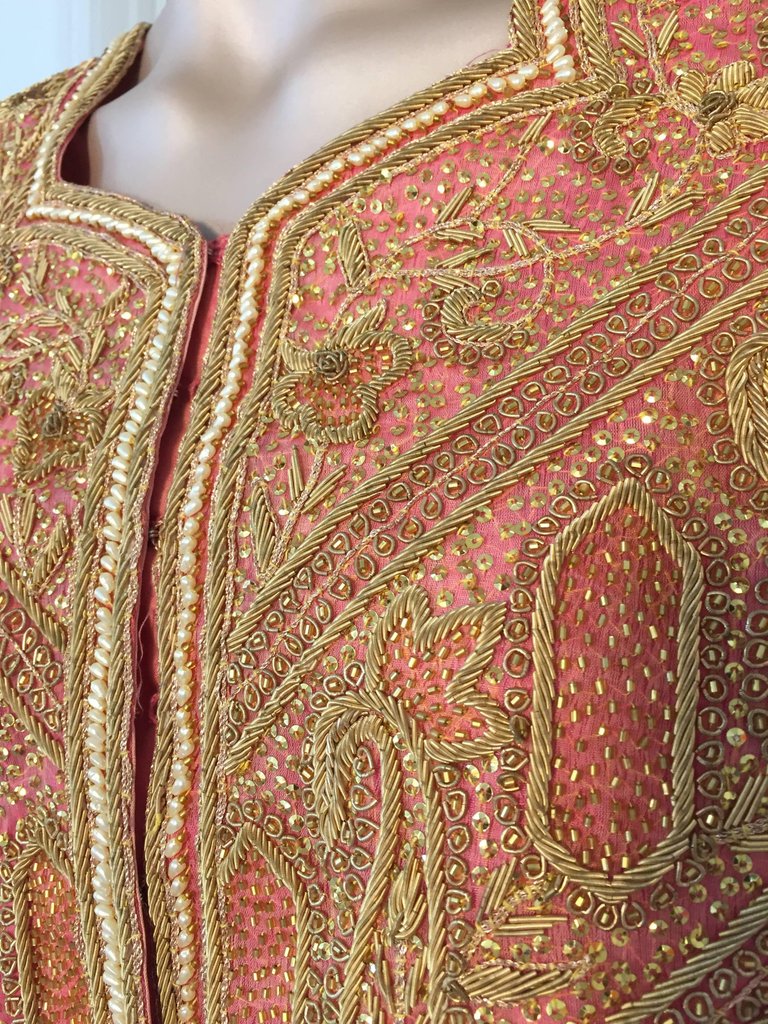 Embroidered Pink and Gold Silk Evening 3 Pieces Gown Vest and Skirt and Shawl