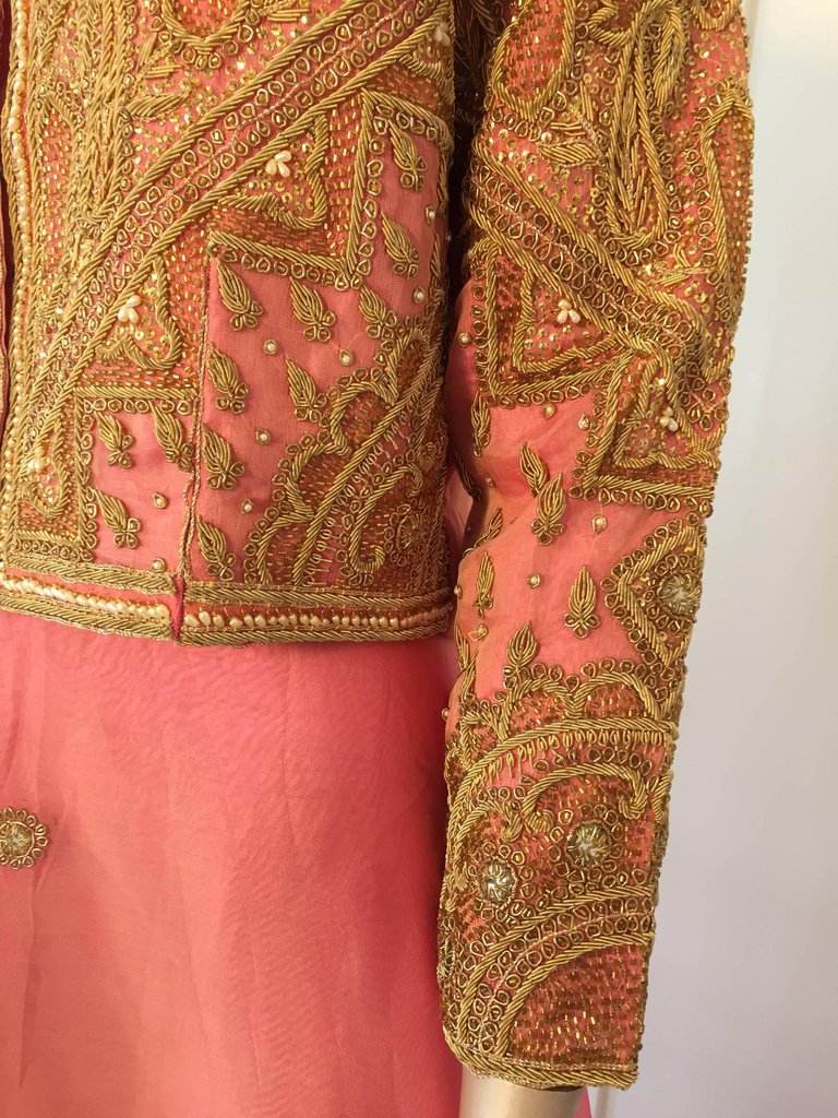 Embroidered Pink and Gold Silk Evening 3 Pieces Gown Vest and Skirt and Shawl