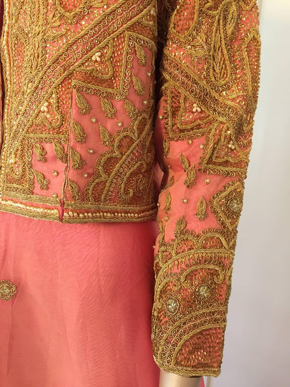 Embroidered Pink and Gold Silk Evening 3 Pieces Gown Vest and Skirt and Shawl