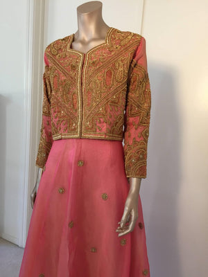 Embroidered Pink and Gold Silk Evening 3 Pieces Gown Vest and Skirt and Shawl