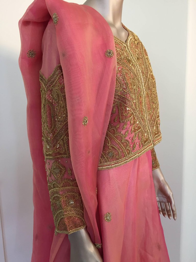 Embroidered Pink and Gold Silk Evening 3 Pieces Gown Vest and Skirt and Shawl