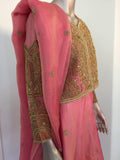 Embroidered Pink and Gold Silk Evening 3 Pieces Gown Vest and Skirt and Shawl