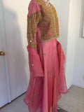 Embroidered Pink and Gold Silk Evening 3 Pieces Gown Vest and Skirt and Shawl