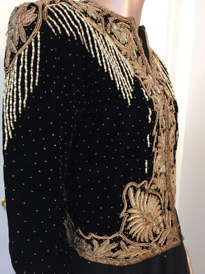 Vintage Embroidered Velvet Evening Two Pieces Gown Vest Skirt and Shawl