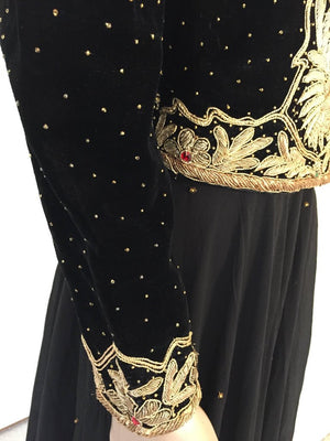 Vintage Embroidered Velvet Evening Two Pieces Gown Vest Skirt and Shawl