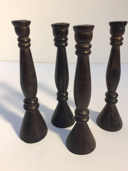 Set of Four Hand-Carved Ebonized Wood Candlesticks, Anglo-Indian, 1950