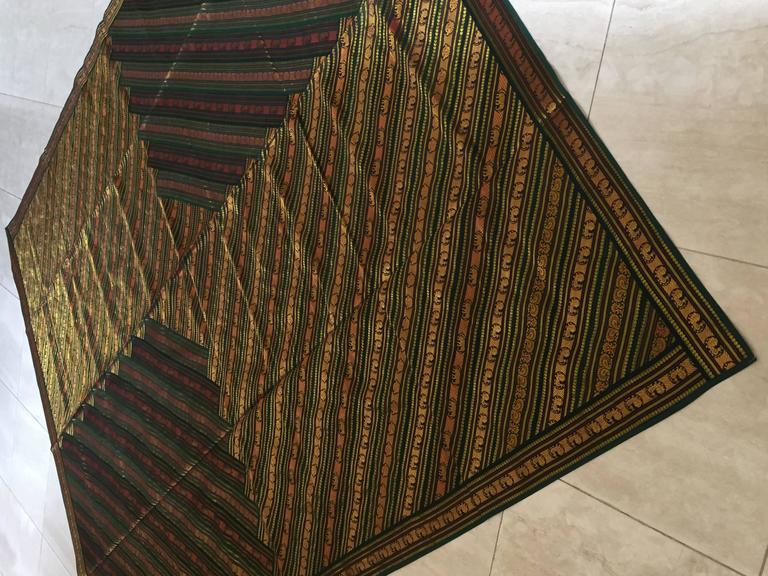 Green Patchwork Bed Cover with Peacocks and Elephants, 20th Century