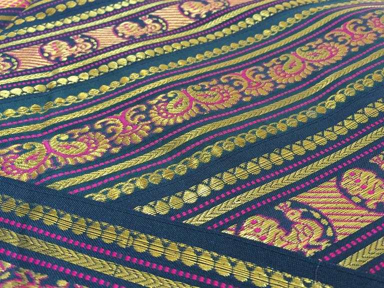 Green Patchwork Bed Cover with Peacocks and Elephants, 20th Century