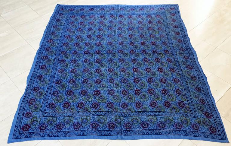 Vintage Kalamkari Textile, Hand-Blocked Cotton Floral Design, 1970