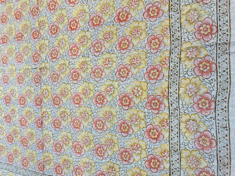 Vintage Kalamkari Textile, Hand-Blocked Cotton Floral Design, 1970