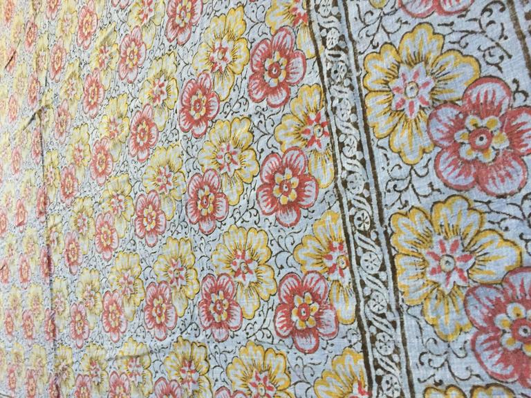 Vintage Kalamkari Textile, Hand-Blocked Cotton Floral Design, 1970