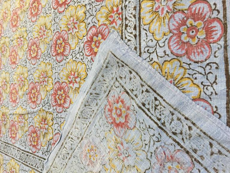 Vintage Kalamkari Textile, Hand-Blocked Cotton Floral Design, 1970