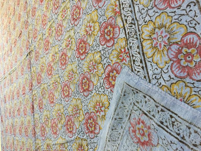 Vintage Kalamkari Textile, Hand-Blocked Cotton Floral Design, 1970
