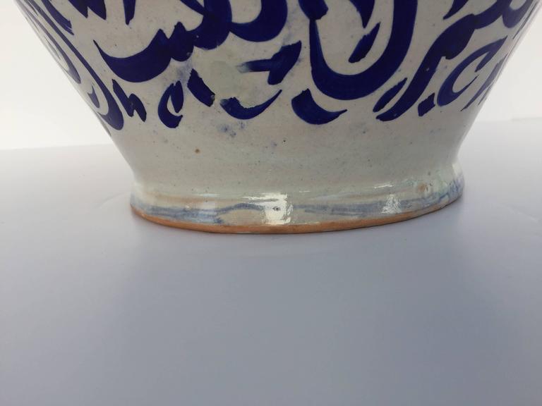 Large Moroccan Ceramic Vase from Fez with Blue Calligraphy Writing