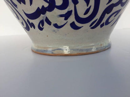 Large Moroccan Ceramic Vase from Fez with Blue Calligraphy Writing