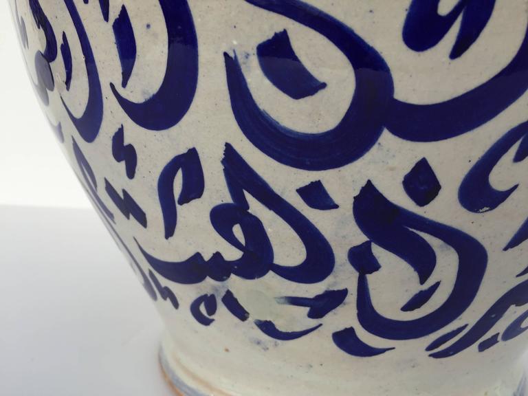 Large Moroccan Ceramic Vase from Fez with Blue Calligraphy Writing