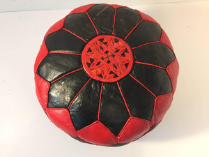 Moroccan Vintage Round Leather Pouf Red and Black