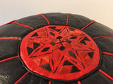Moroccan Vintage Round Leather Pouf Red and Black
