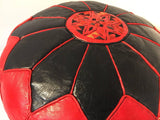 Moroccan Vintage Round Leather Pouf Red and Black