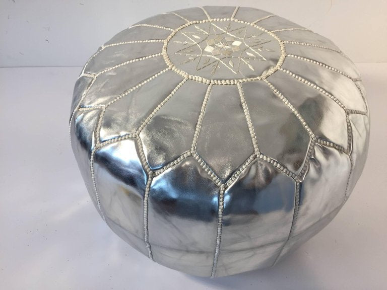 Moroccan Silver Faux Leather Pouf, Hand-Crafted Moorish Design