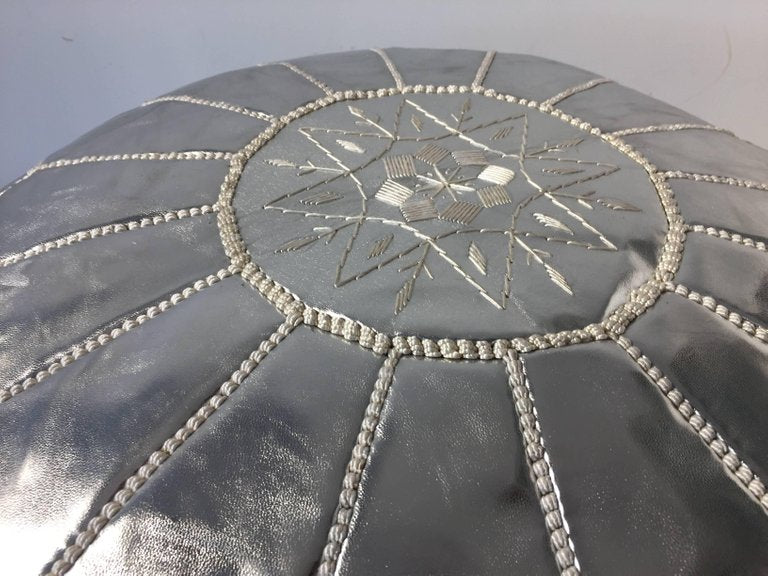 Moroccan Silver Faux Leather Pouf, Hand-Crafted Moorish Design