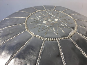 Moroccan Silver Hand Tooled Round Pouf Ottoman