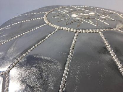 Moroccan Silver Faux Leather Pouf, Hand-Crafted Moorish Design