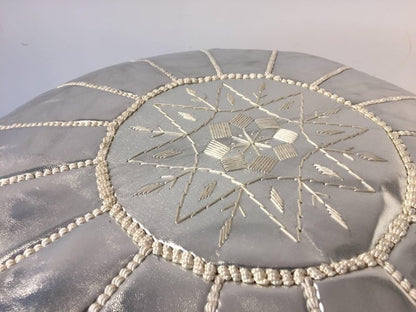 Moroccan Silver Faux Leather Pouf, Hand-Crafted Moorish Design