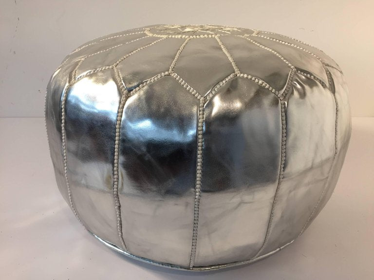 Moroccan Silver Faux Leather Pouf, Hand-Crafted Moorish Design