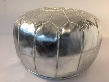 Moroccan Silver Faux Leather Pouf, Hand-Crafted Moorish Design