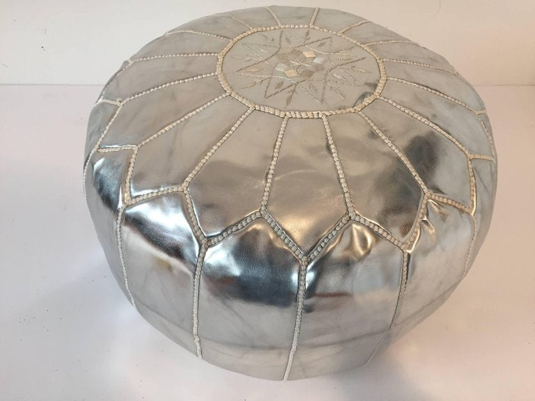 Moroccan Silver Faux Leather Pouf, Hand-Crafted Moorish Design