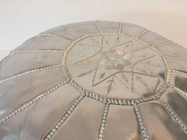 Moroccan Silver Faux Leather Pouf, Hand-Crafted Moorish Design