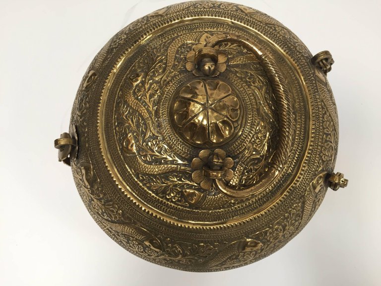 Decorative Large Round Brass Box Caddy 19th C, North India