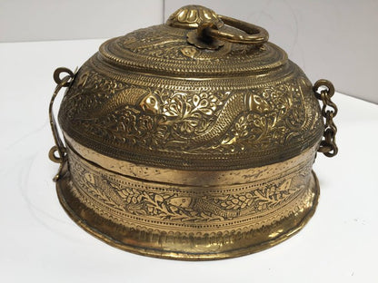 Decorative Large Round Brass Box Caddy 19th C, North India