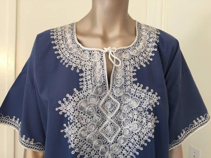 Blue Embroidered Moroccan Caftan Cotton Maxi Dress Size M Circa 1980s