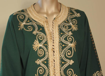 Moroccan Green Embroidered Caftan Maxi Dress Kaftan Size M