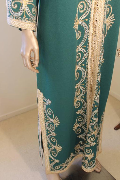 Moroccan Green Embroidered Caftan Maxi Dress Kaftan Size M